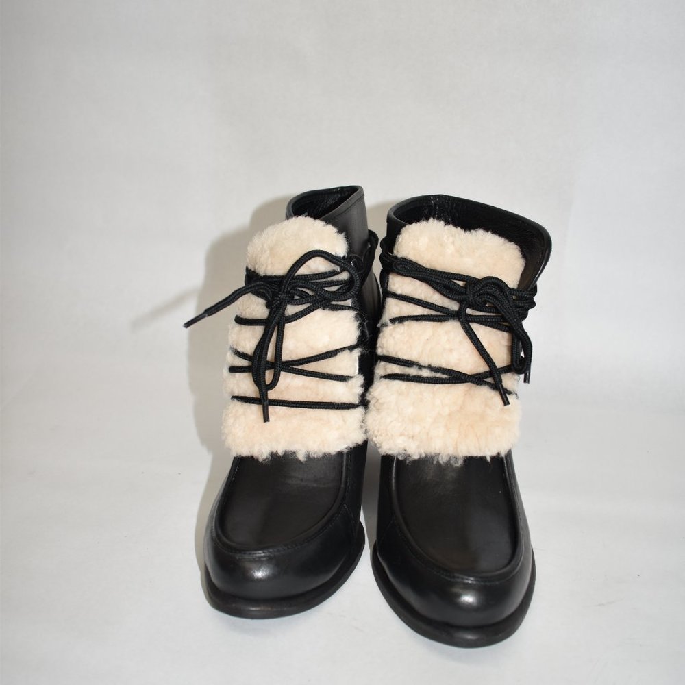 $240 UGG Analise Shearling FUR LEATHER BLACK BLOCK WINTER lace Bootie 7 (M5) - Picture 3 of 8